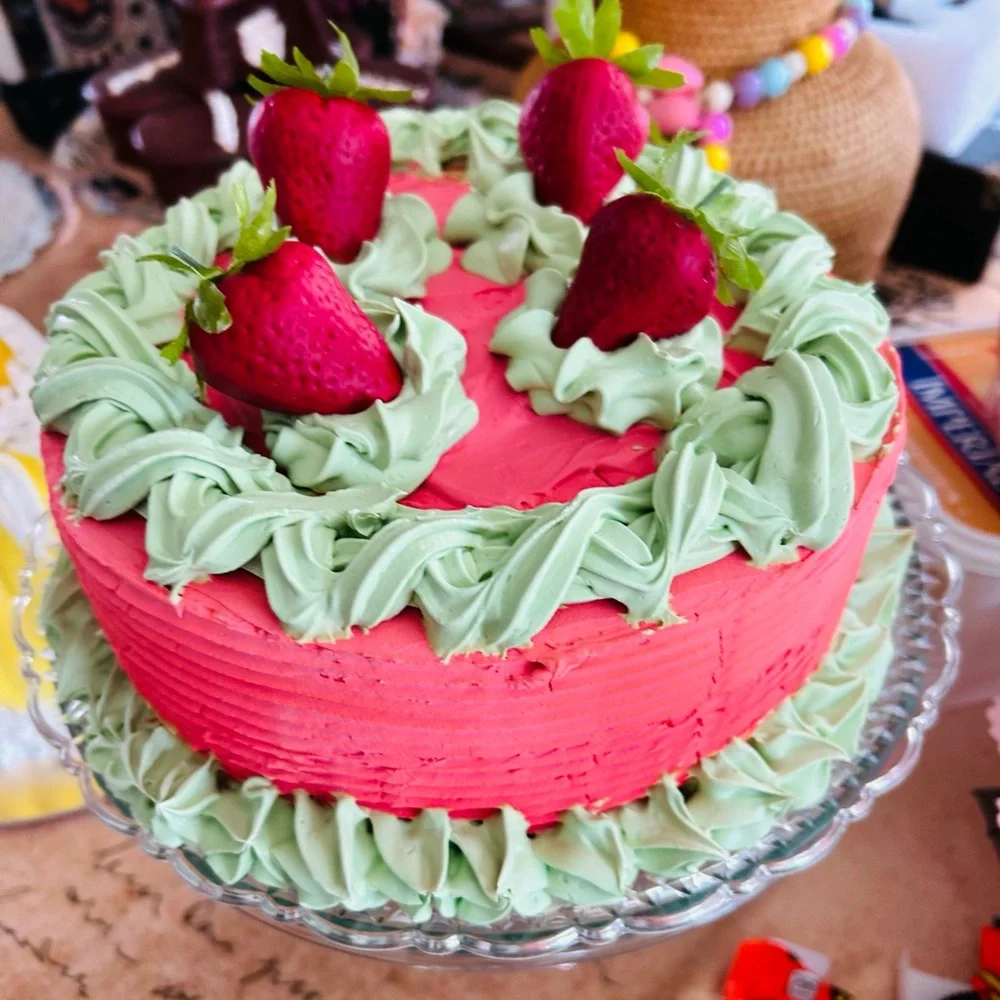 Faux Strawberry Cake with Green Frosting